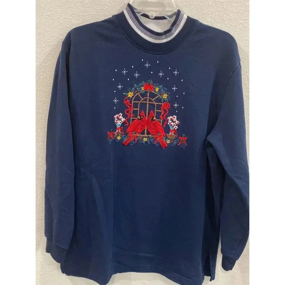 Bobbie Brooks Women's Blue Long Sleeve Crew Neck Pullover Size M Christmas birds